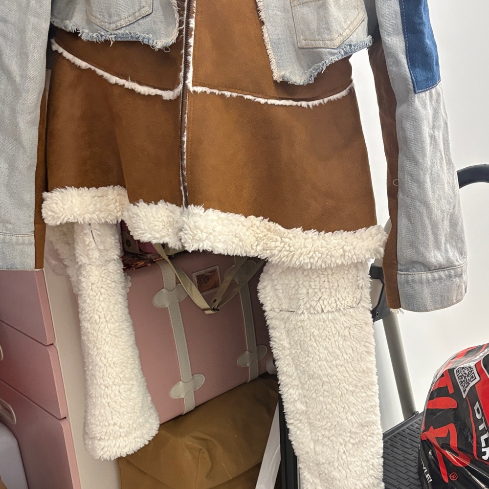 AKIRA Denim and Shearling Patchwork Jacket - image 4